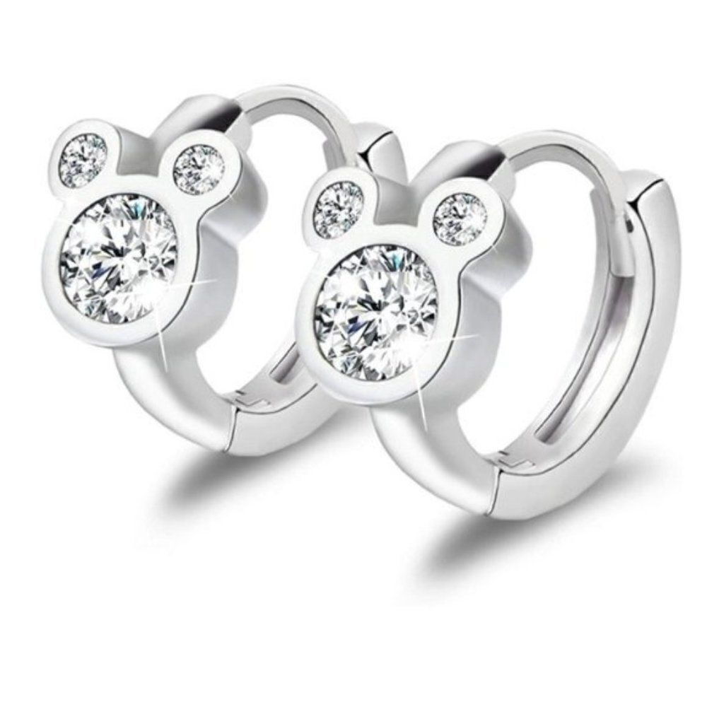 14K White Gold S925 with Diamond Cubic Zirconia Mickey Mouse Huggie Earrings